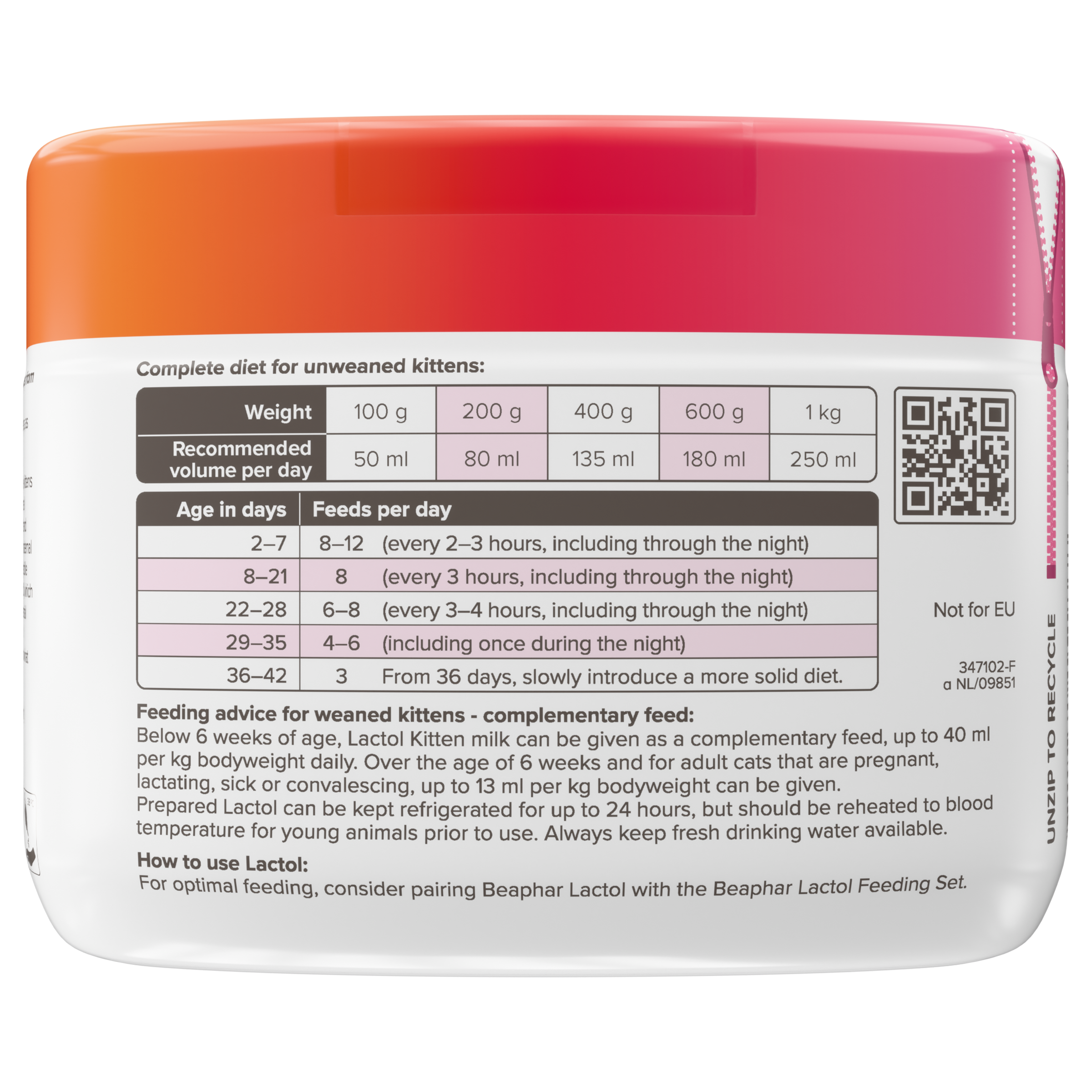 Beaphar Lactol Kitten Milk Replacer tin feeding instruction with qr code