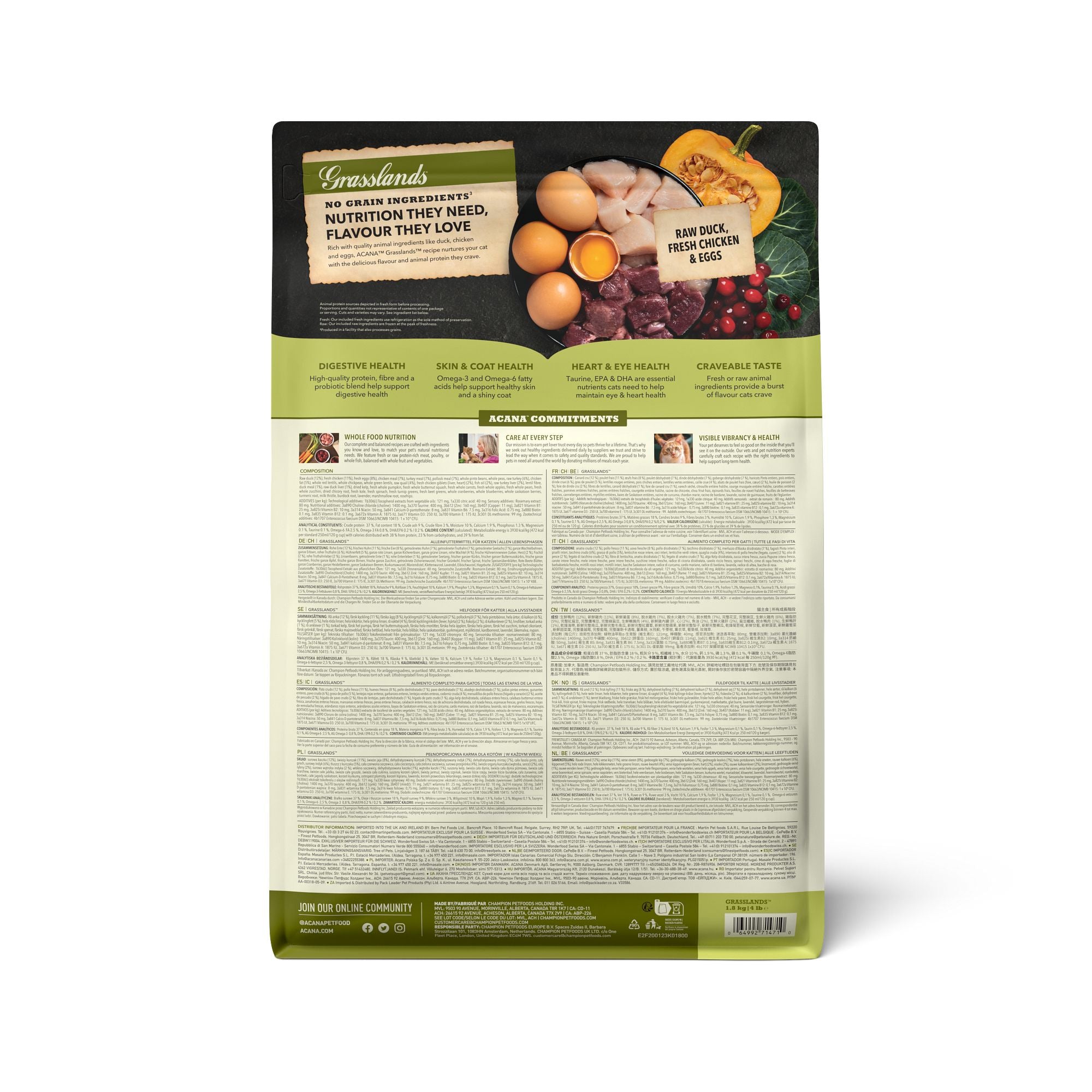 ACANA Grasslands cat food back of bag showing nutrition panels, commitments and ingredient visuals.