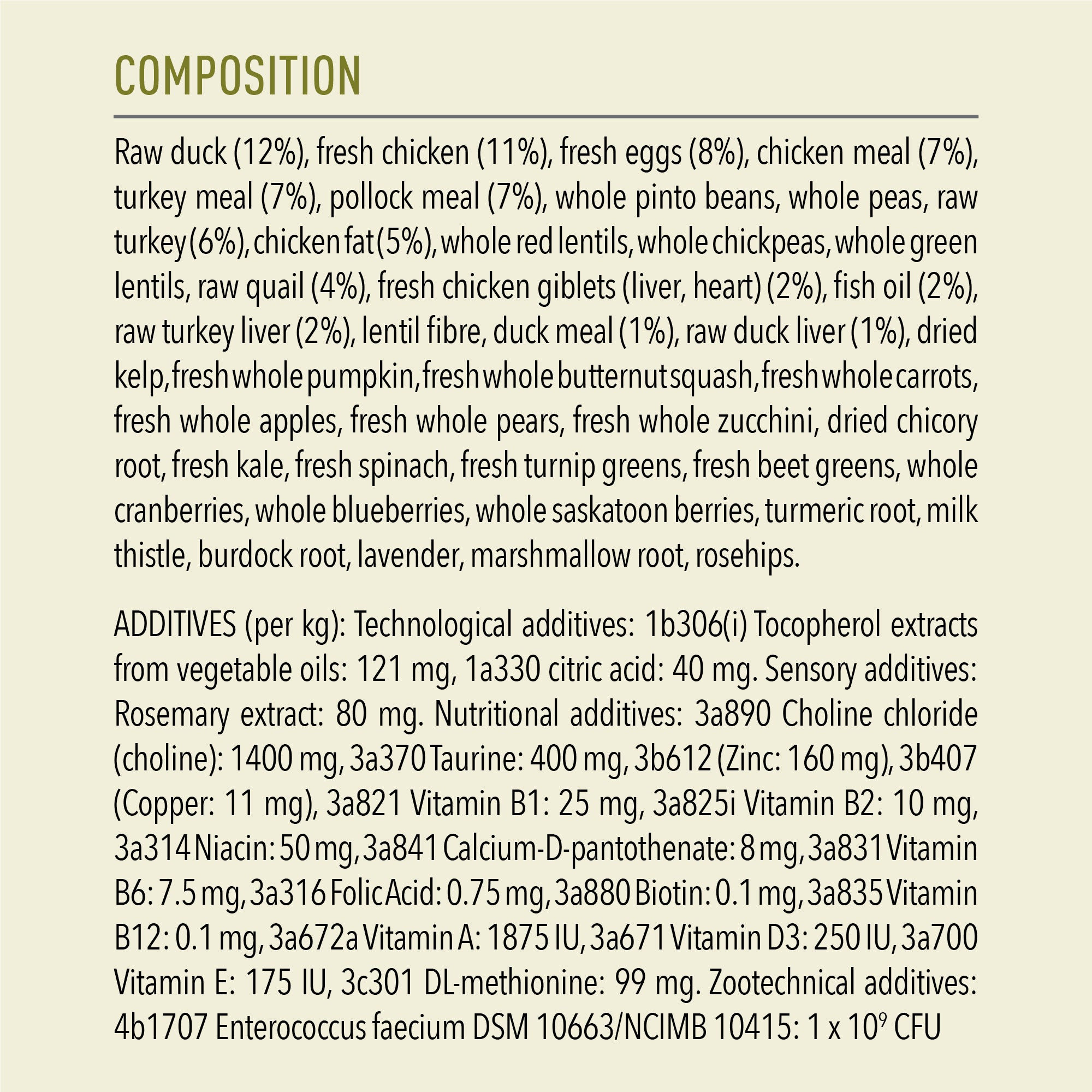 ACANA Grasslands composition list with duck, chicken, quail, eggs, legumes, vegetables and botanicals.