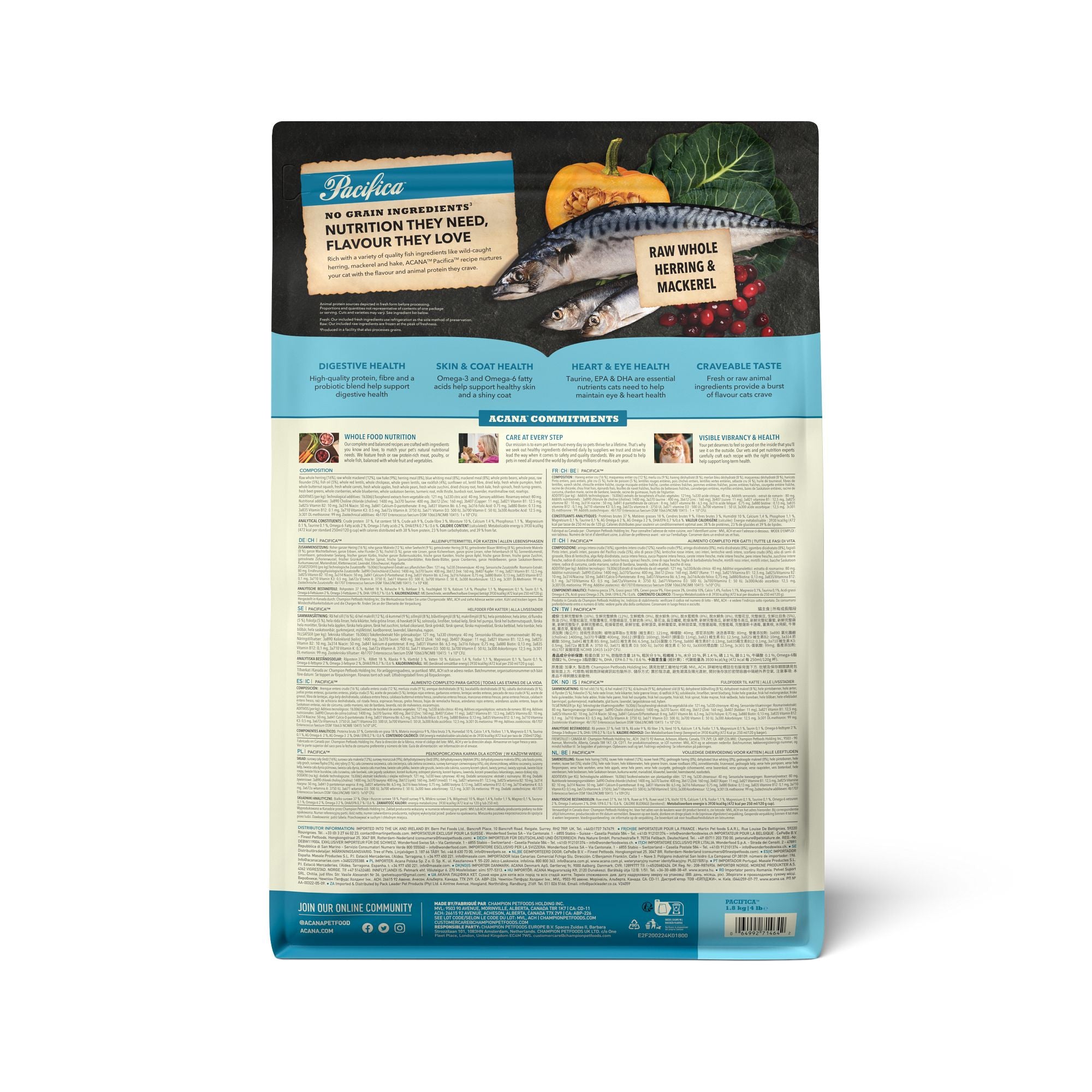 ACANA Pacifica Highest Protein cat food 1.8kg back food bag featuring wild-caught fish recipe for all life stages.