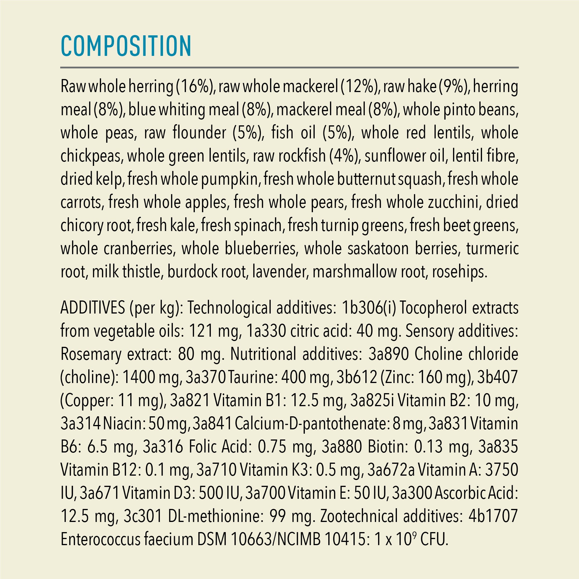 ACANA Pacifica detailed ingredient list including raw herring, mackerel, hake, legumes, vegetables and botanicals