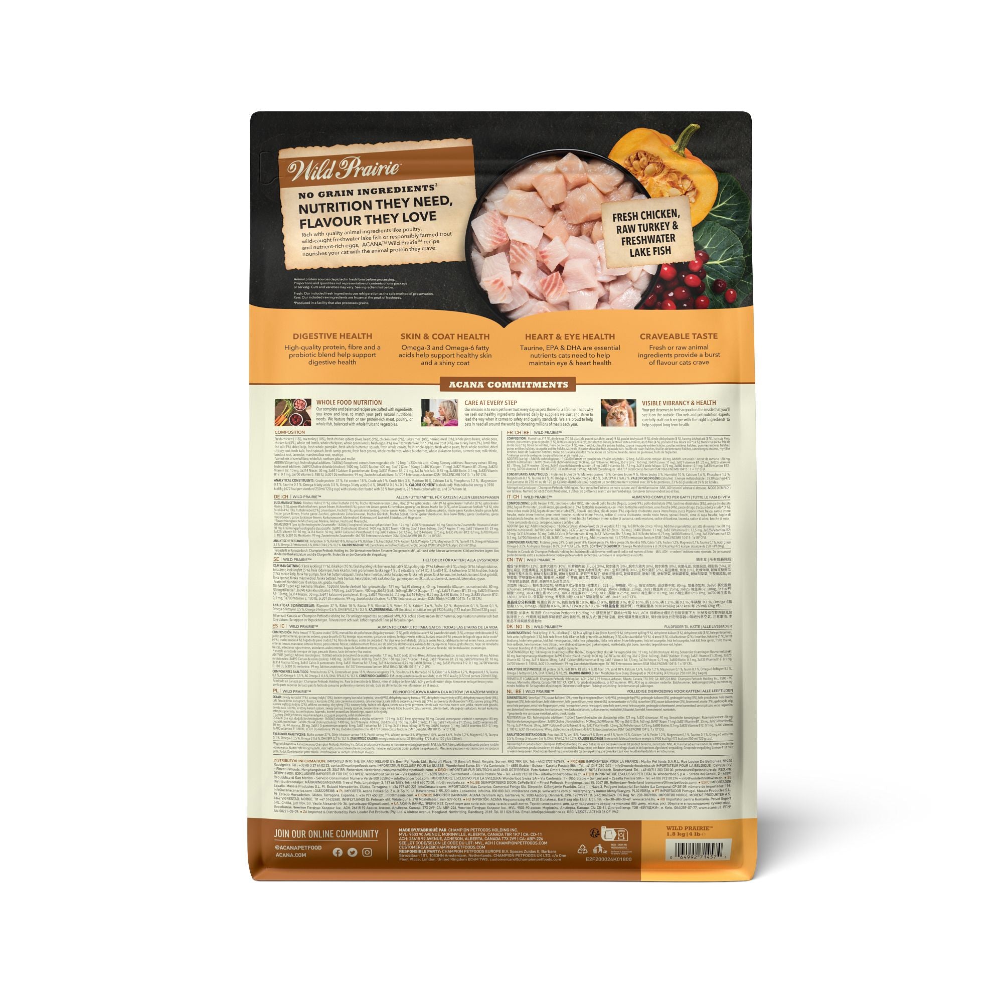 ACANA Wild Prairie Highest Protein Cat Food 1.8kg bag from the back side – chicken, turkey and freshwater fish dry cat food for all life stages.