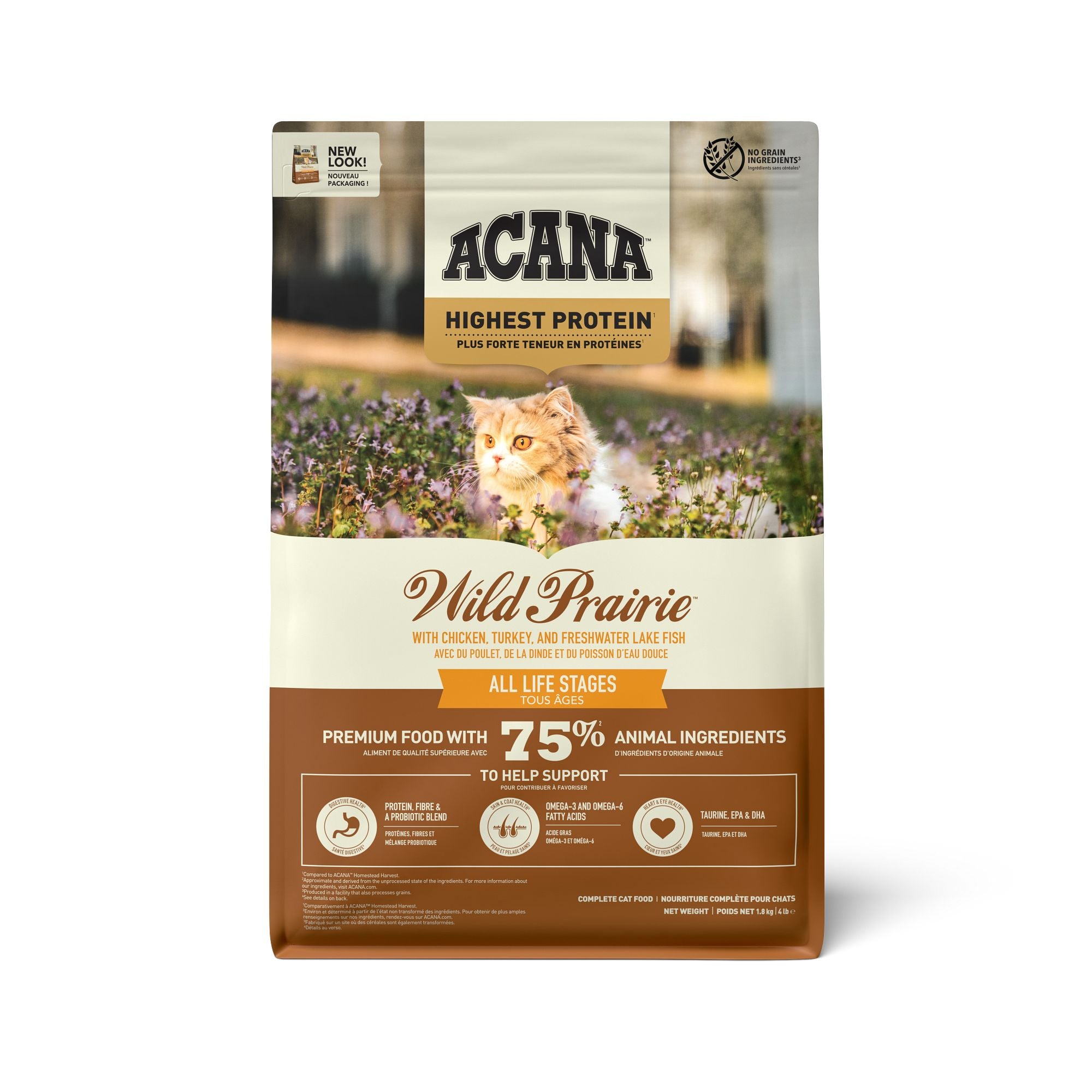ACANA Wild Prairie Highest Protein Cat Food 1.8kg bag – chicken, turkey and freshwater fish dry cat food for all life stages.
