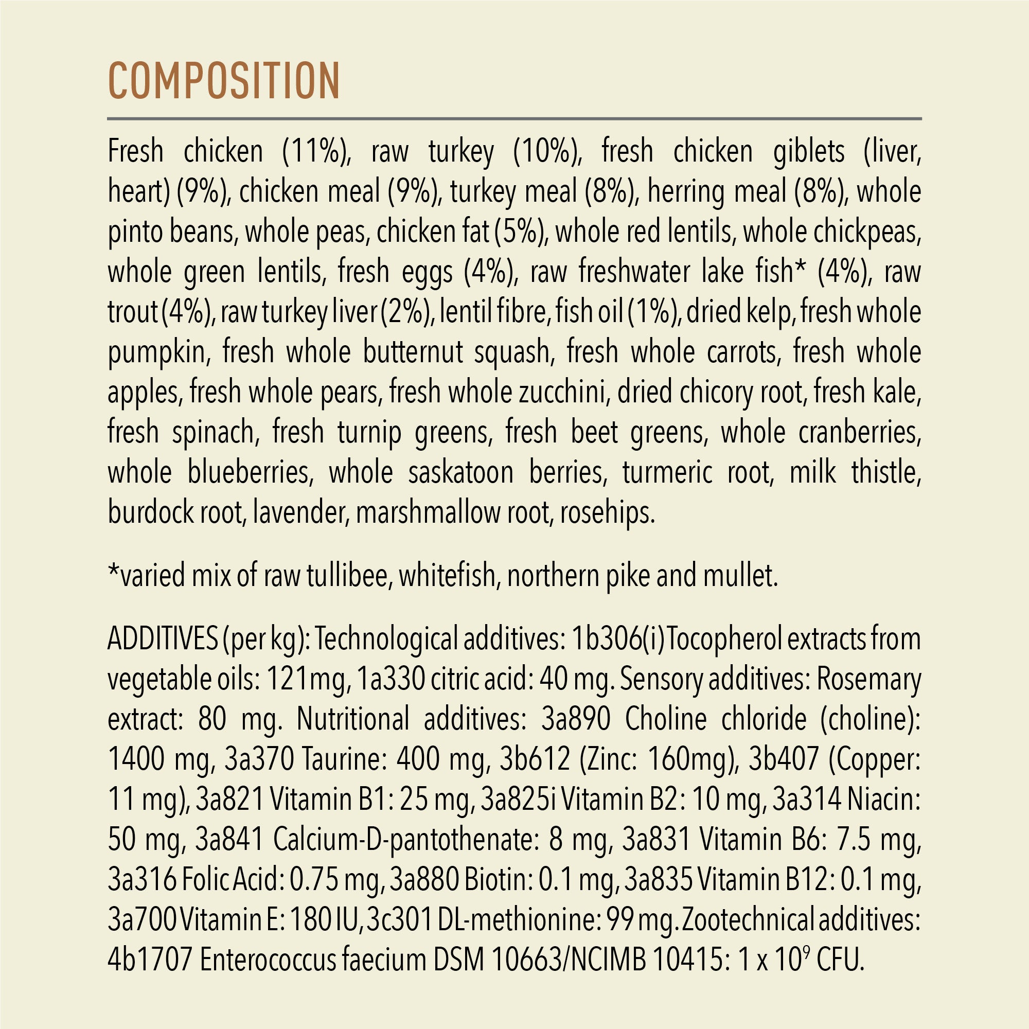 ACANA Wild Prairie cat food composition panel showing fresh chicken, raw turkey, freshwater fish, whole vegetables and botanicals.