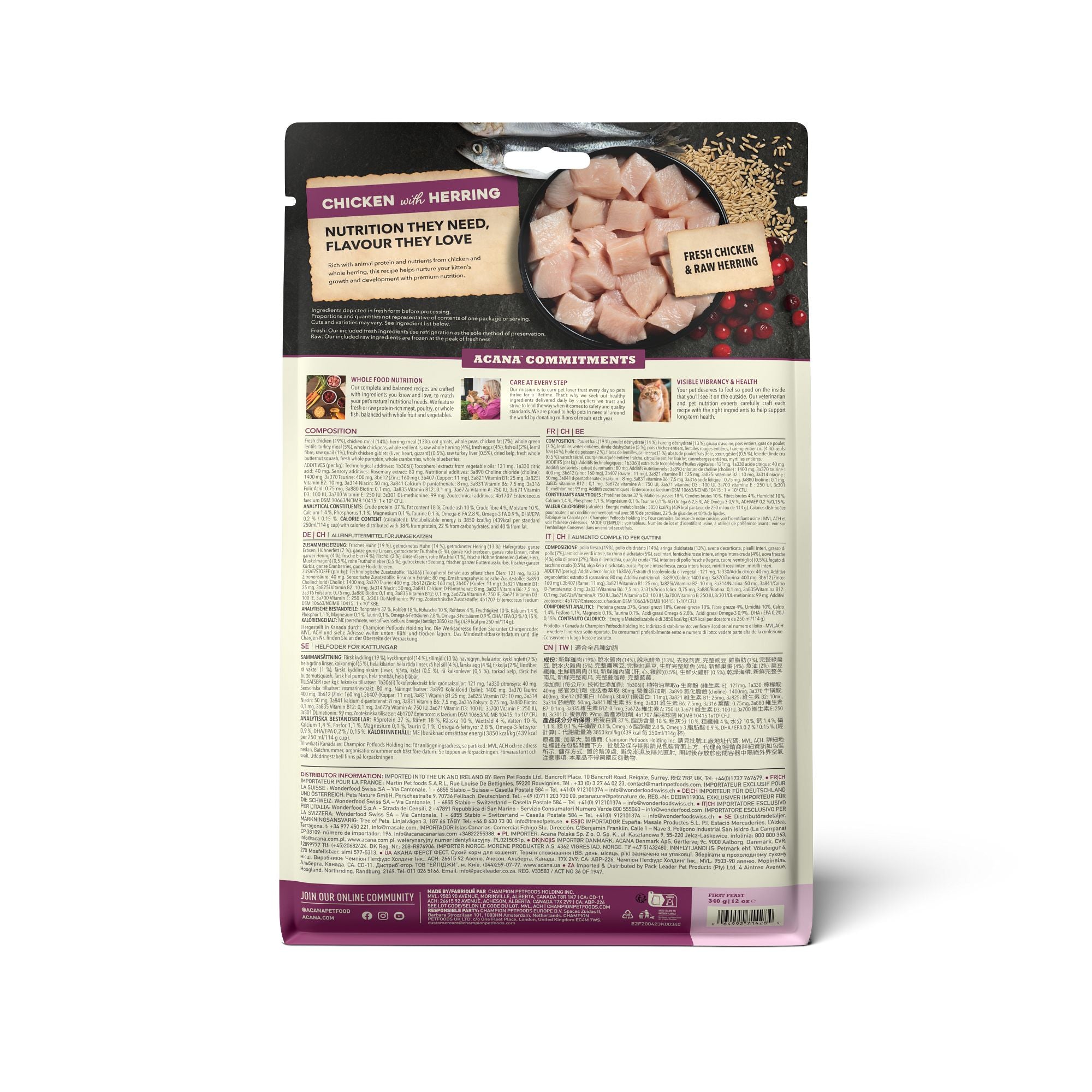 ACANA Kitten First Feast back of bag showing feeding instructions, ingredients and nutritional information