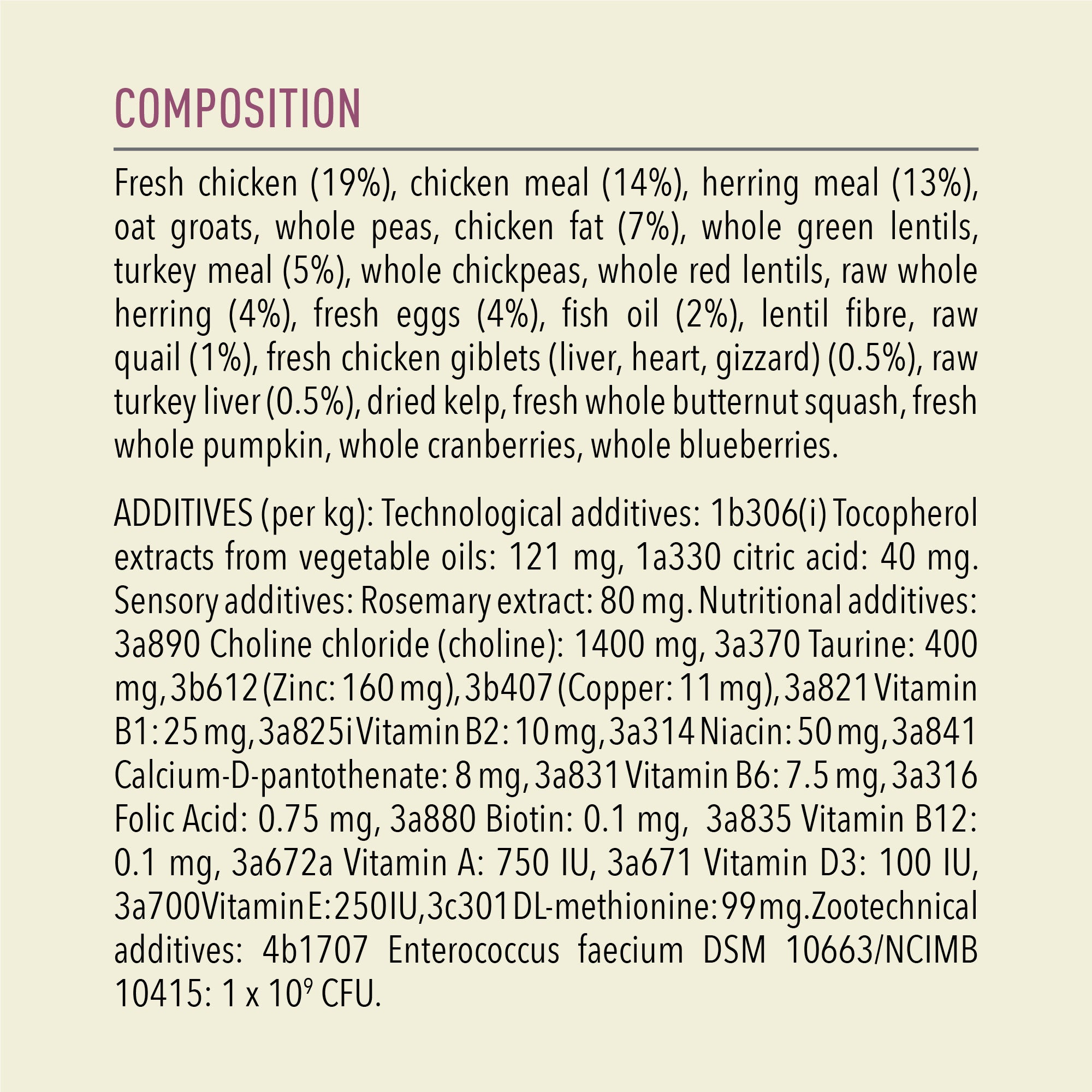 ACANA Kitten First Feast full ingredient and additive list with chicken, herring, eggs and botanicals.