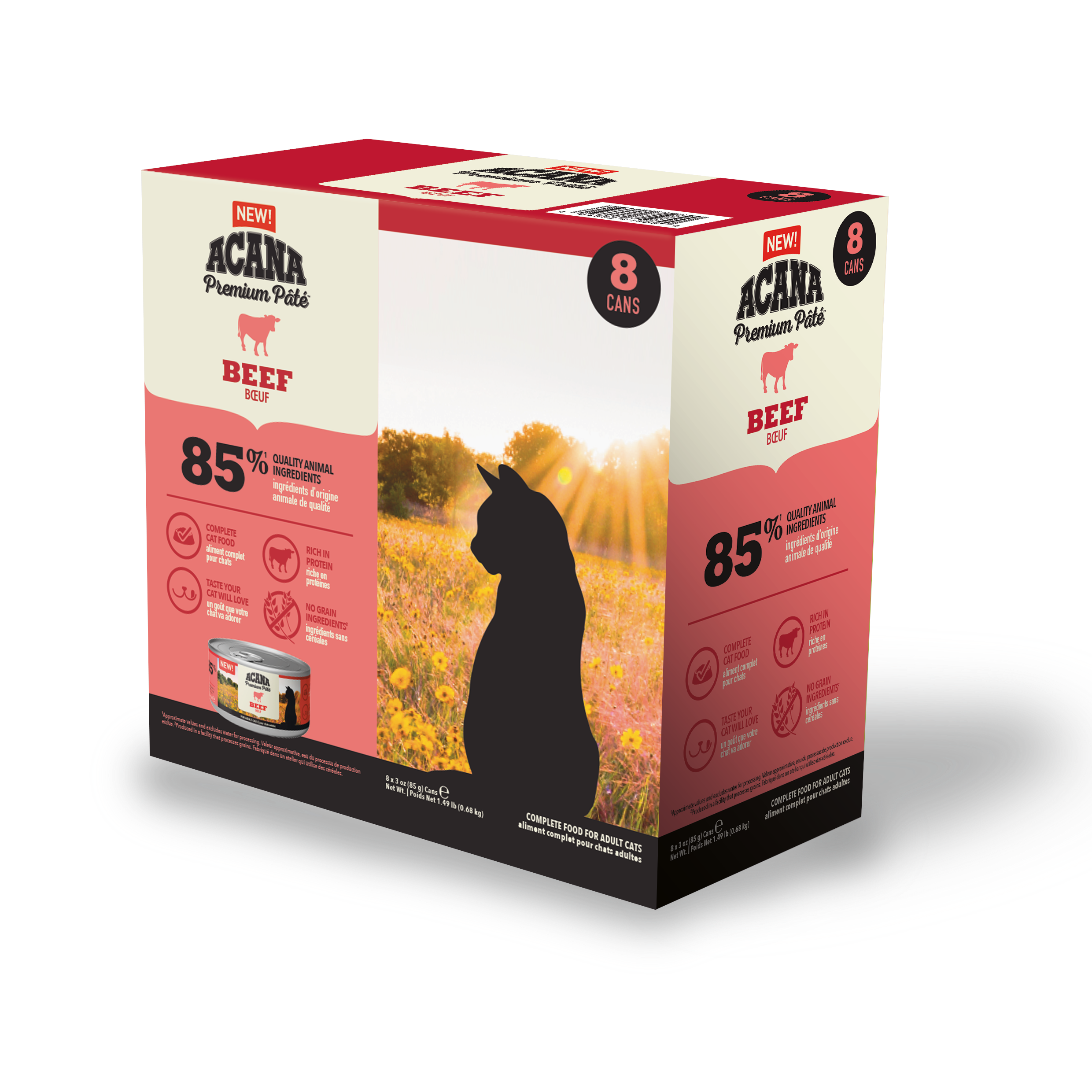 “ACANA Premium Pâté Beef 8-pack box featuring grain-free wet food for adult cats.”