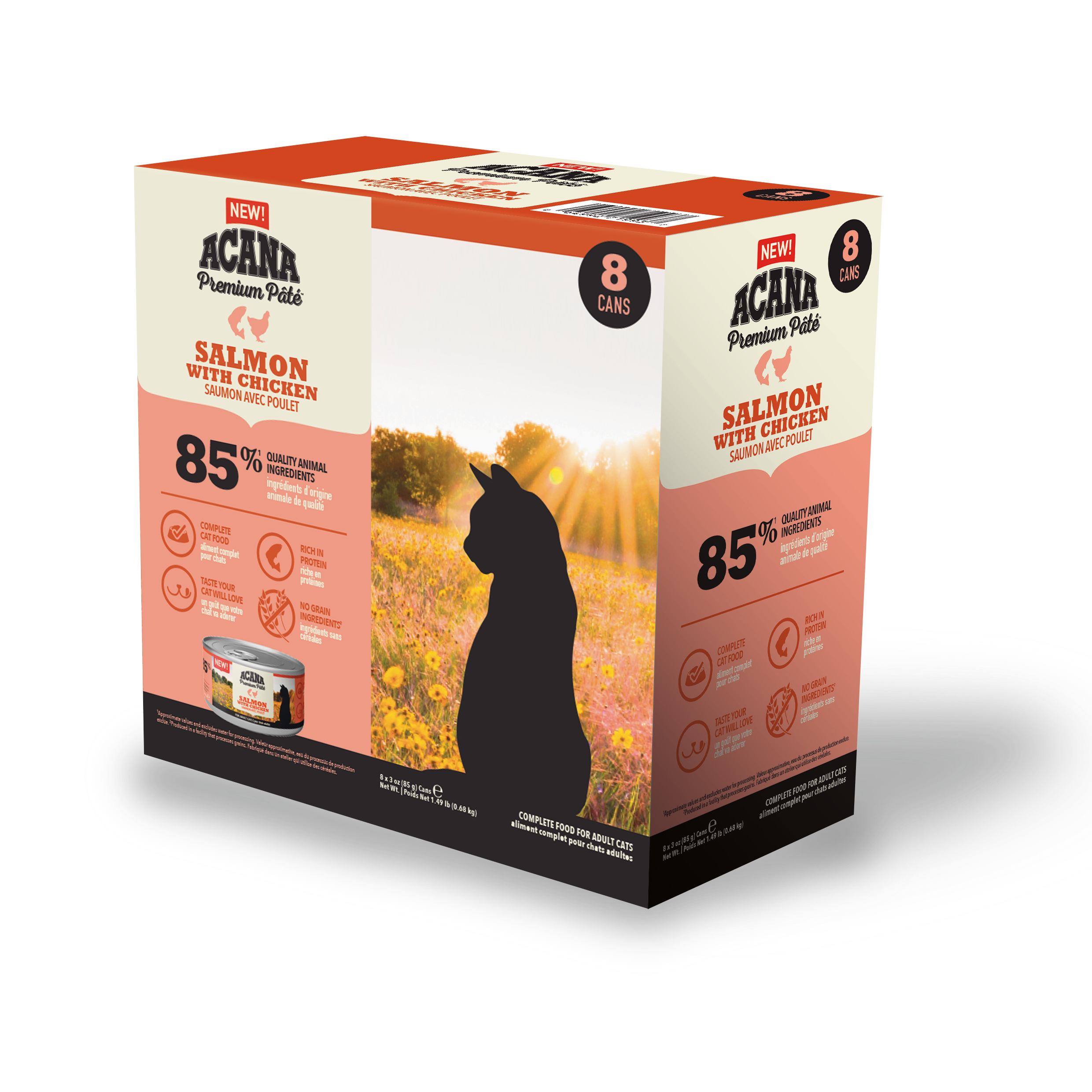 “ACANA Premium Pâté Salmon with Chicken 8-pack box featuring 85% animal ingredients.”