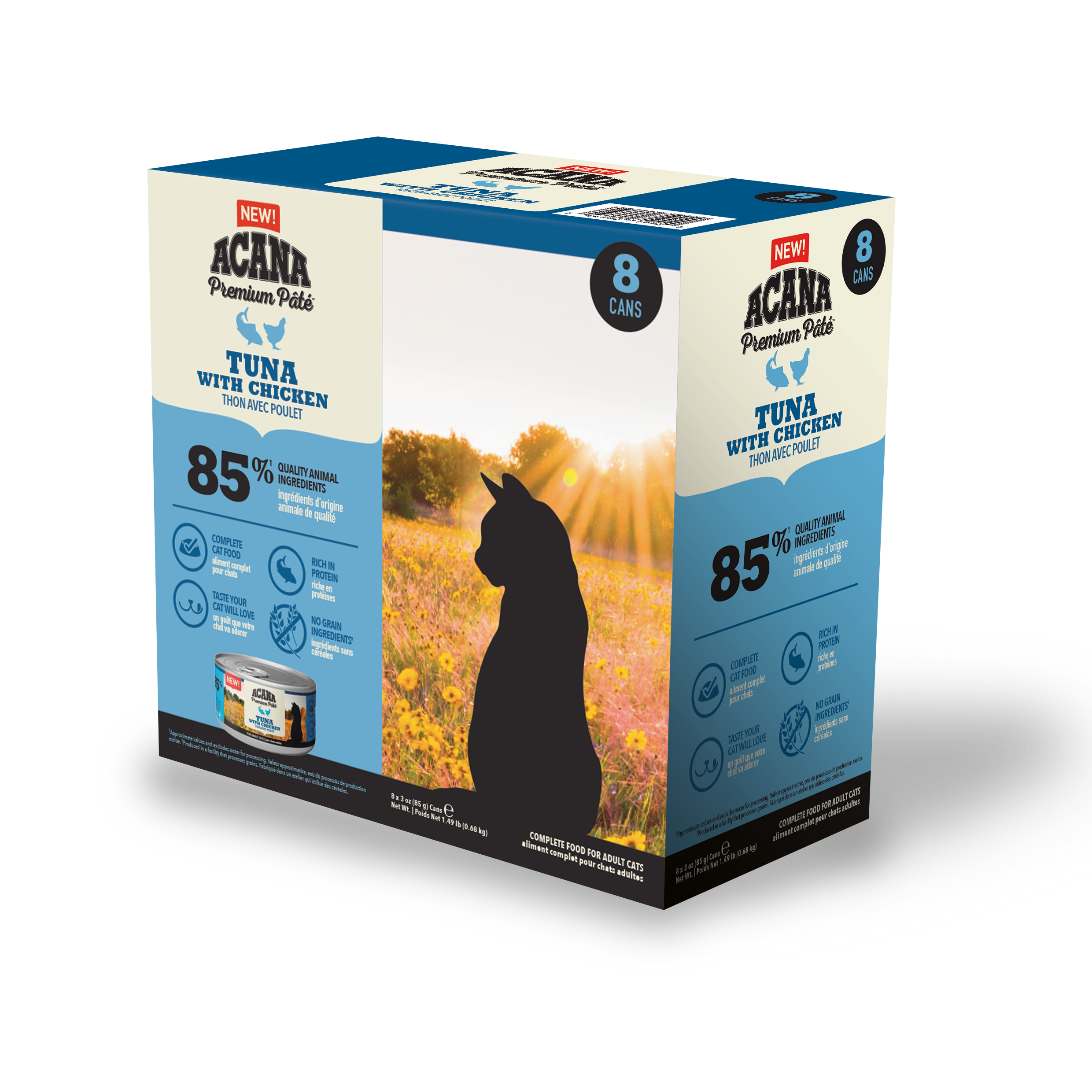 “ACANA Premium Pâté Tuna with Chicken wet cat food box 85g for adult cats.”