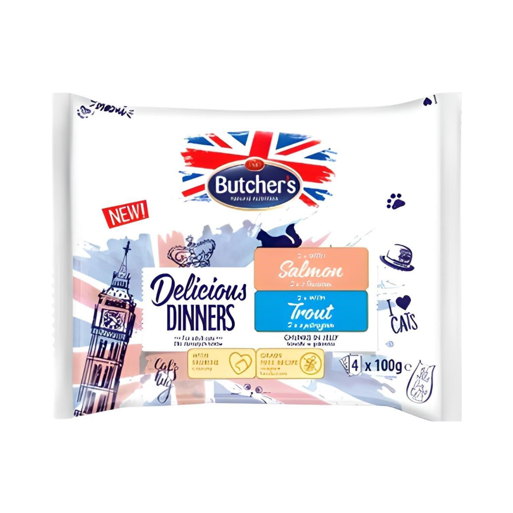 Butcher'S Delicious Dinners Food For Cats Chunks In Jelly With Salmon/With Trout 4X100G