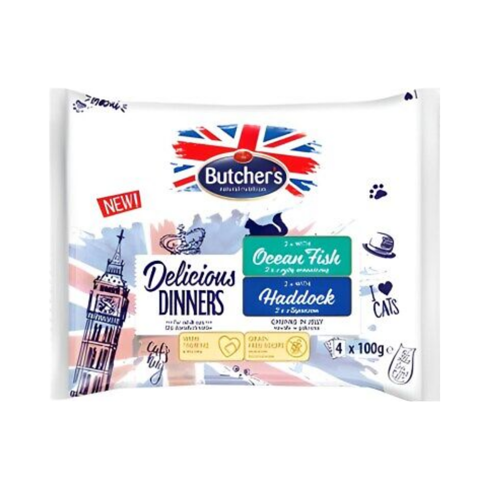 Butcher'S Delicious Dinners Food For Cats Chunks In Jelly With Ocean Fish/Haddock 4X100G