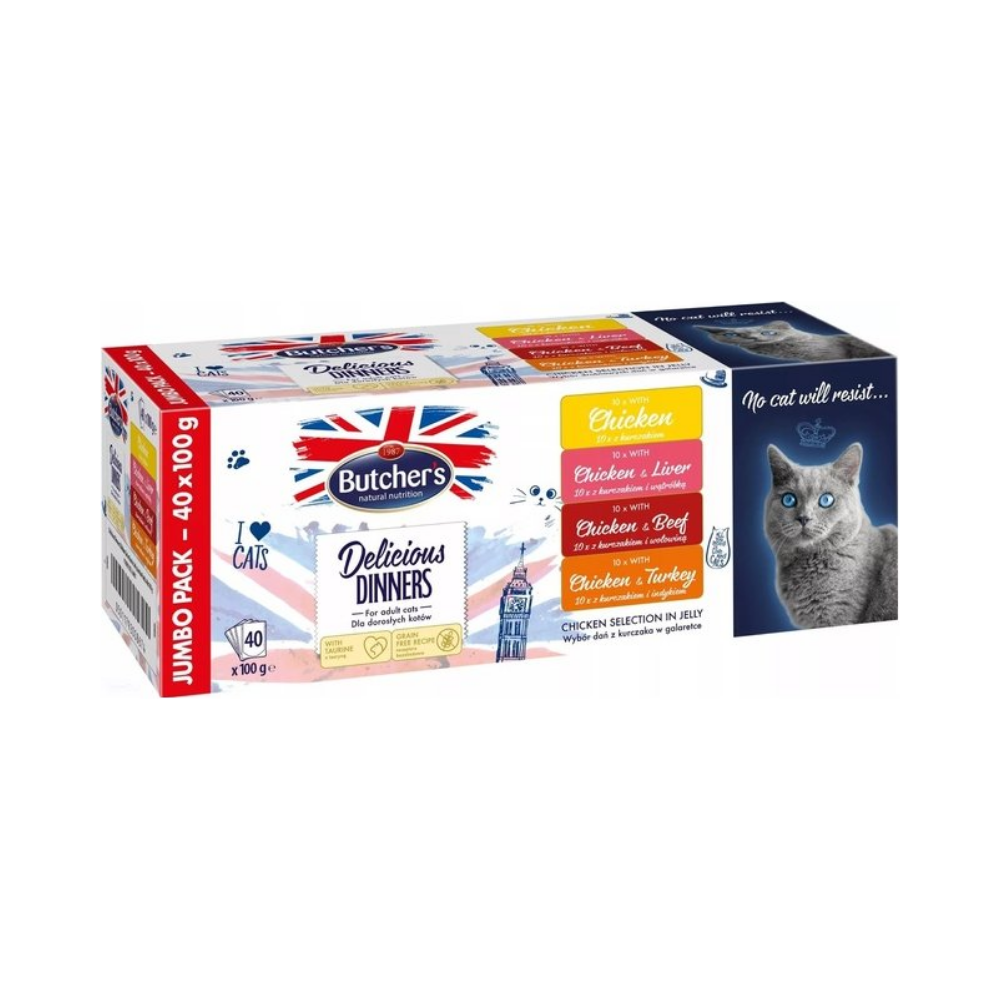 Butcher'S Delicious Dinners Jumbo Pack Food For Cats Chunks With Chicken/Chicken&Turkey/Chicken&Beef/Chicken&Liver In Jelly 40X100G