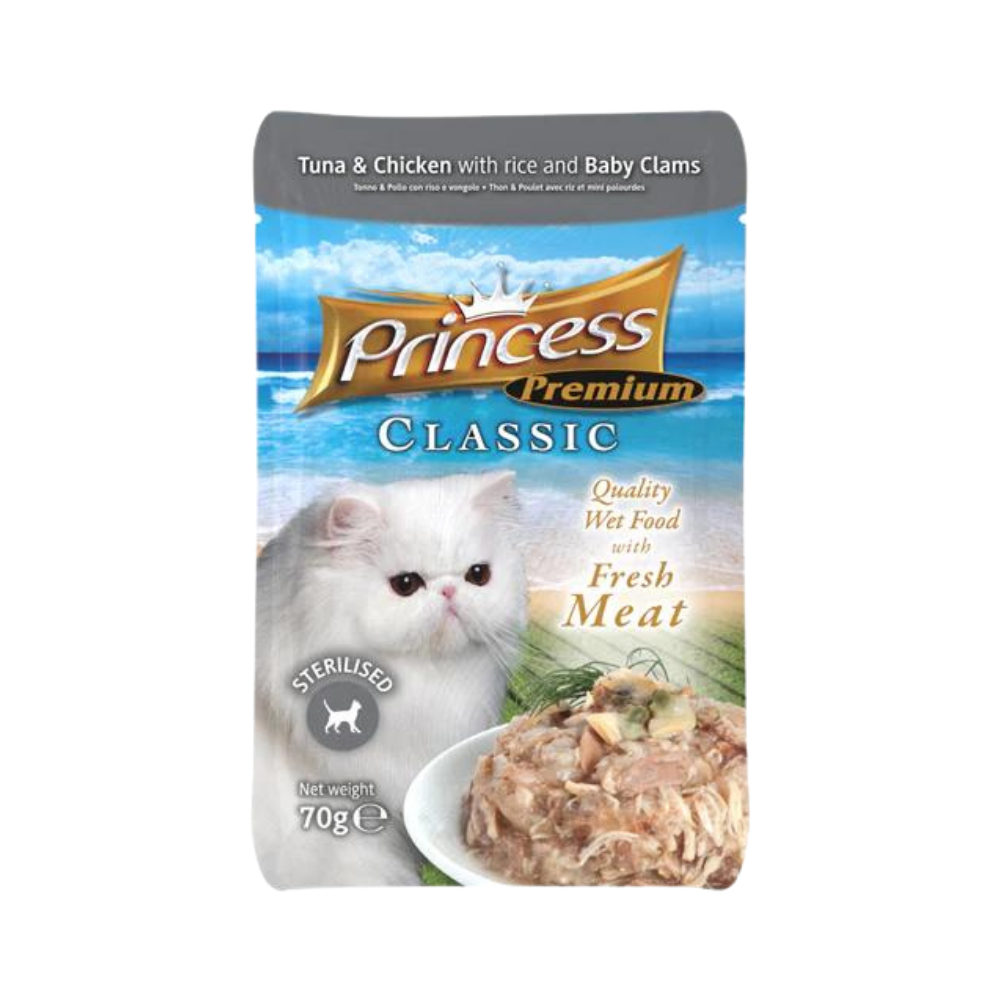 princess premium classic pouches chicken and tuna with rice baby clam 70g