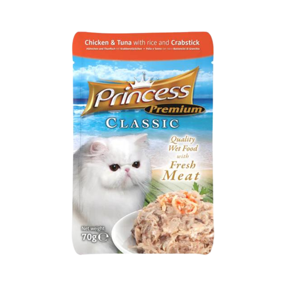 princess premium classic pouches chicken and tuna with rice crabstick 70g