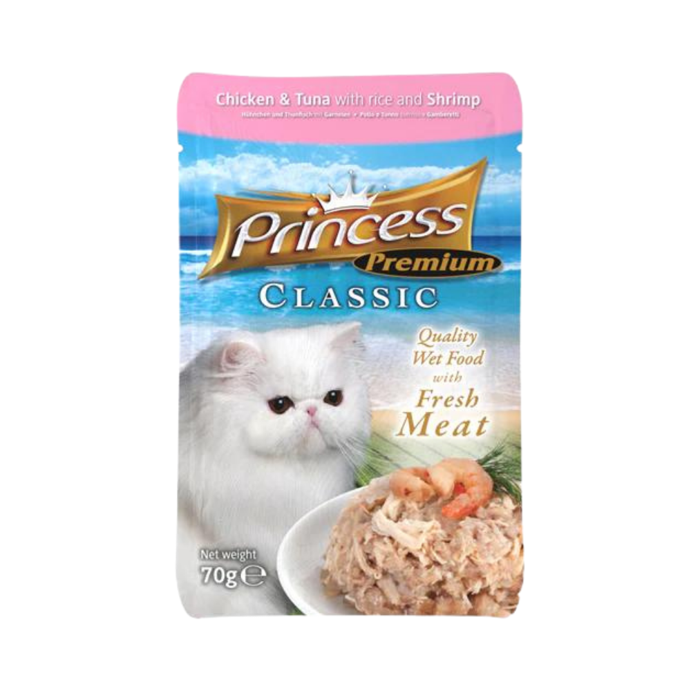princess premium classic pouches chicken and tuna with rice shrimp 70g
