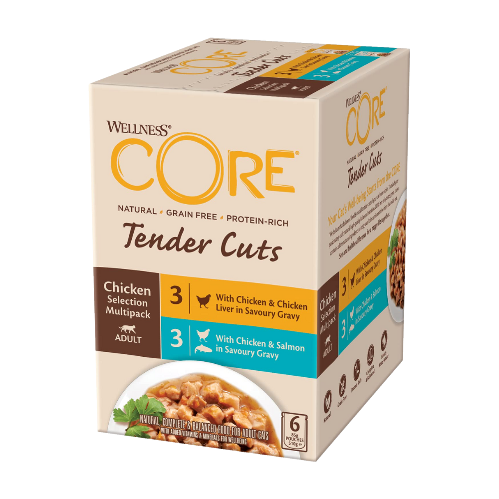 Wellness Core Multipack Pouches Chicken & Chicken Liver x3 Chicken & Salmon x3 in Gravy for Cats 6x85g