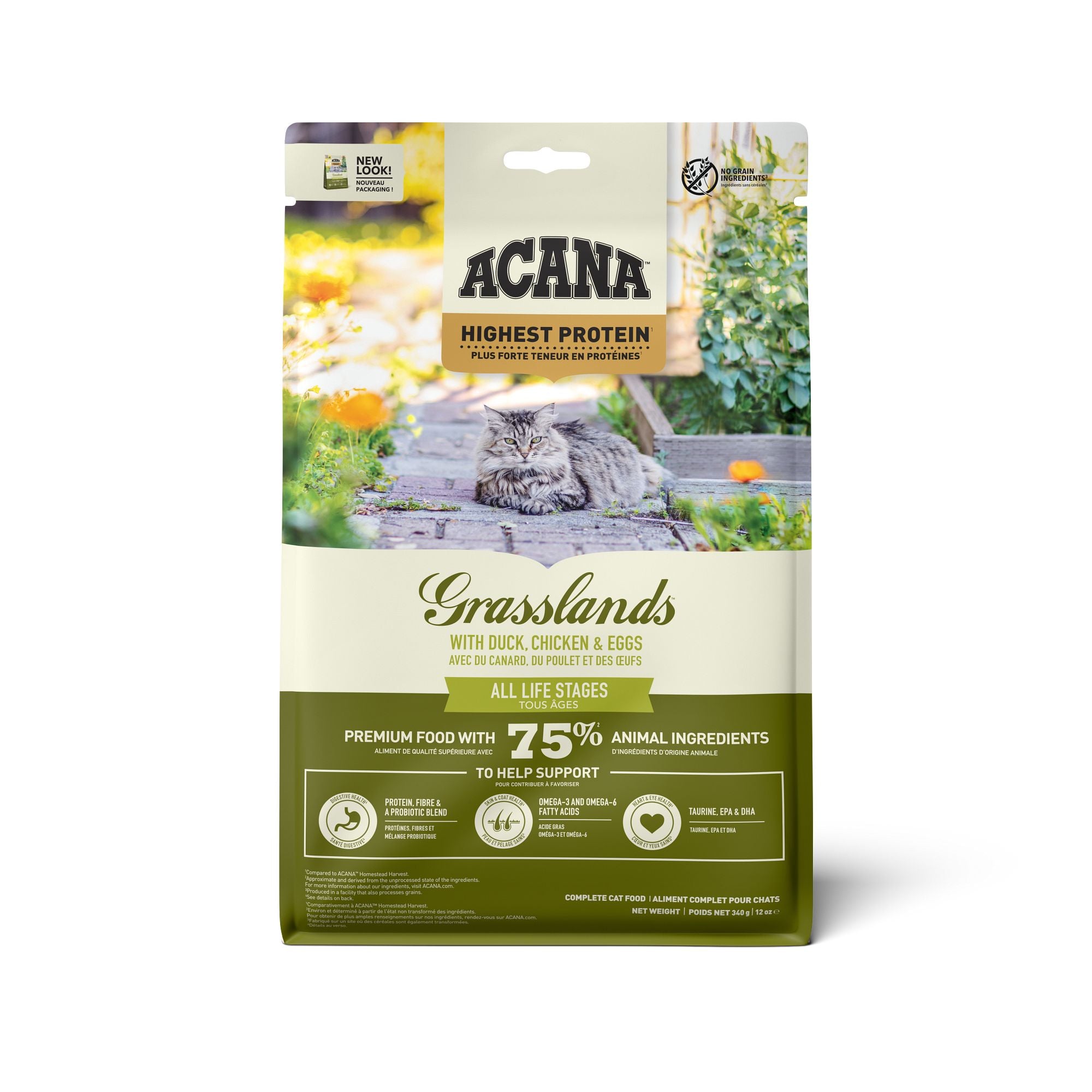 ACANA Grasslands Highest Protein cat food 340g bag featuring duck, chicken and eggs recipe.