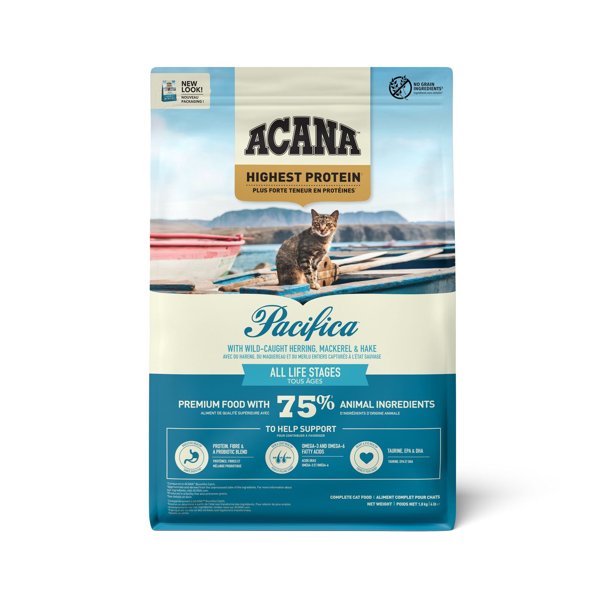 ACANA Pacifica Highest Protein cat food 1.8kg bag with wild-caught herring, mackerel and hake.
