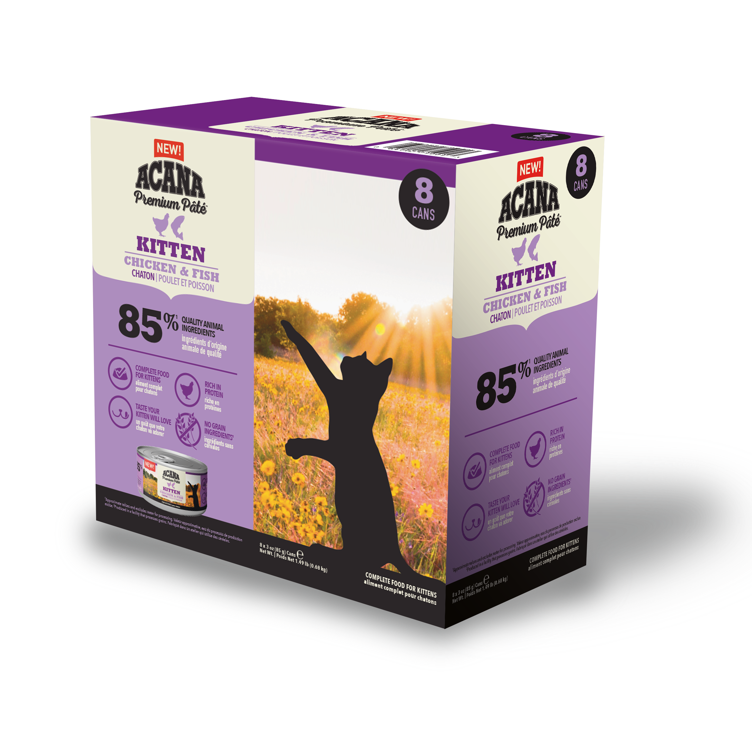 “ACANA Premium Pâté Kitten Chicken & Fish 8-pack box featuring high protein, grain-free wet food for kittens.”